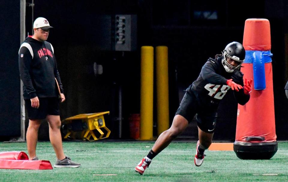 Atlanta Falcons linebacker Bud Dupree at practice held at Mercedes-Benz Stadium Tuesday. Dupree, a Middle Georgia native owns Vibez in dowtown Macon and was recntly named grand marshal of Macon’s inaugural Juneteenth parade.