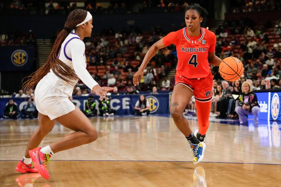 Mar 8, 2024; Greensville, SC, USA; Auburn Tigers guard Kaitlyn Duhon (4) handles the ball against the LSU Lady Tigers during the second half at Bon Secours Wellness Arena. Mandatory Credit: Jim Dedmon-USA TODAY Sports