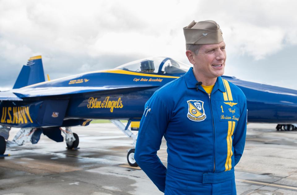 Capt. Brian Kesselring, flight leader and commanding officer, talks July 7 about his experience flying with the Blue Angels at NAS Pensacola.