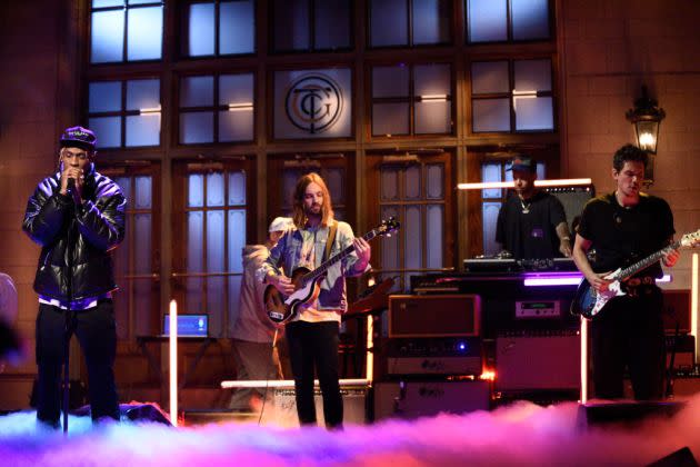 SATURDAY NIGHT LIVE -- "Awkwafina" Episode 1748 -- Pictured: Musical Guest Travis Scott performs "Skeletons" and "Astrothunder" with Kevin Parker and John Mayer in Studio 8H on Saturday, October 6, 2018 -- (Will Heath/NBC/NBCU Photo Bank via Getty Images) - Credit: NBCU Photo Bank via Getty Images