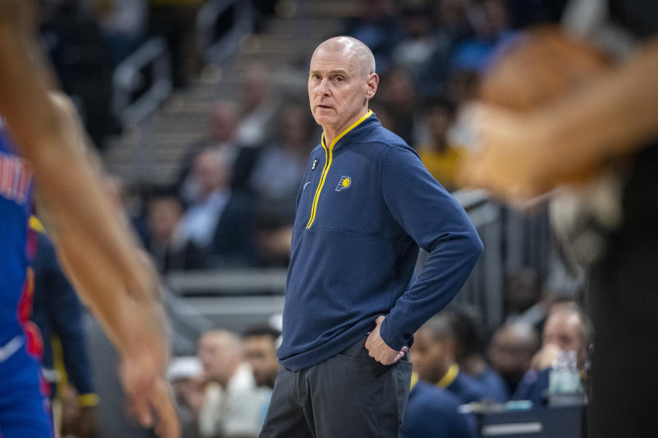 Indiana Pacers coach Rick Carlisle watches during the first half of the team's NBA basketball game against the Detroit Pistons in Indianapolis, Saturday, Oct. 22, 2022. (AP Photo/Doug McSchooler)