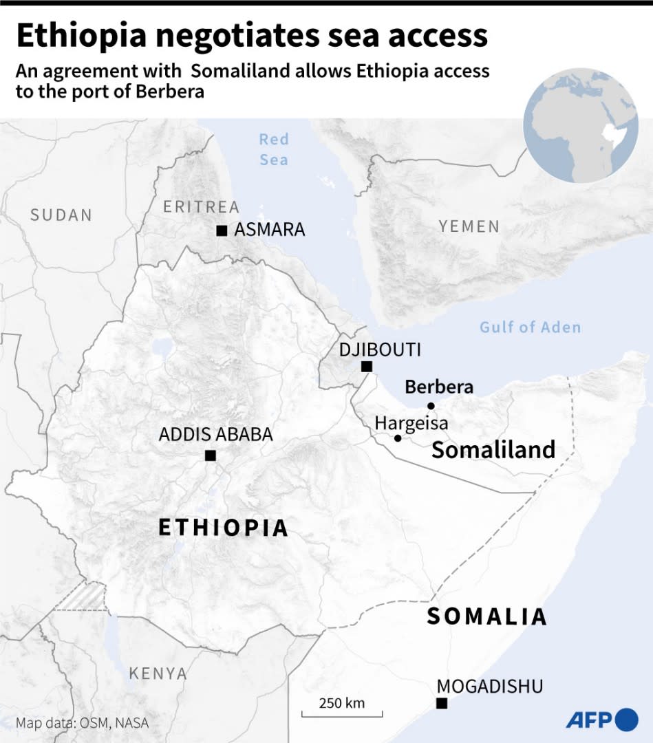 <span>Regional map of East Africa showing the port of Berbera, in the separatist territory of Somaliland, with which Ethiopia has made an agreement to have sea access (VALENTINA BRESCHI / AFP)</span>