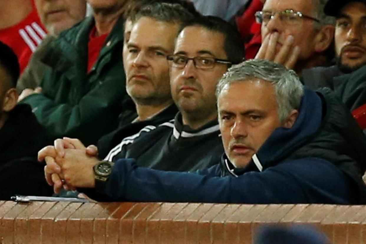 Tough night | Mourinho watches on during Manchester United's defeat to Derby: Reuters/Andrew Yates