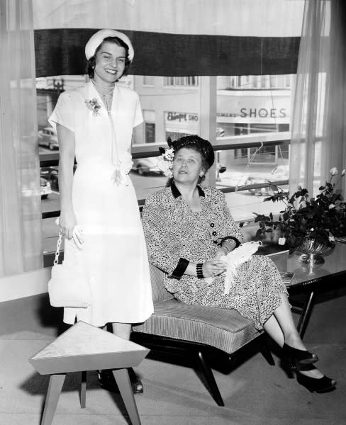 A 1949 photo shows Betty Ford and her mother-in-law, Dorothy Gardner Ford, attending a luncheon at Herpolsheimers’ department store where Betty once worked as a fashion coordinator. (Courtesy Gerald R. Ford Presidential Library & Museum)