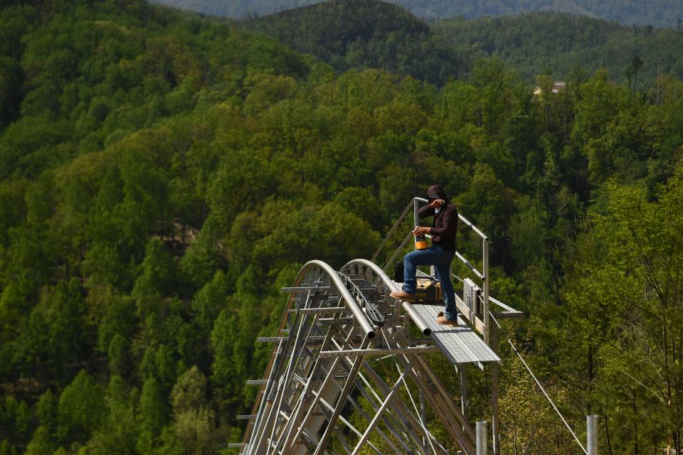 Construction nears completion of Anakeesta's new attraction, the Hellbender Mountain Coaster, on Thursday, April 20, 2023. The coaster features 2300 feet of downhill track and is expected to open later this summer.