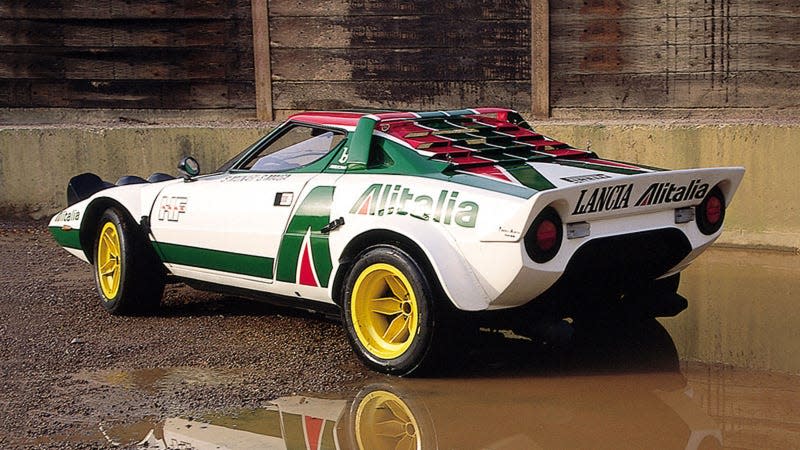 A photo of a white, green and red Lancia Stratos sports car.