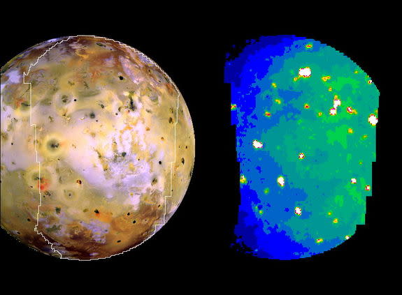 Galileo spacecraft observations: a three-color global scale view of Io obtained on 3 July 1999 (Orbit 21) with a resolution of 1.3 km per pixel is shown on the left. The corresponding infrared image on the right was taken at 4.7 ?m on October 1