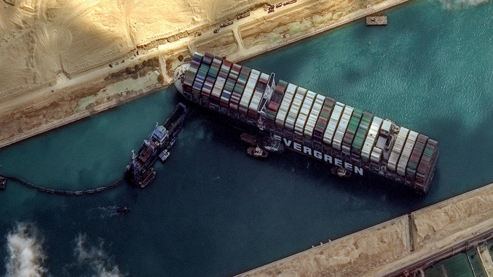 High-resolution satellite imagery of the Suez Canal and the container ship Ever Given that remains stuck, north of the city of Suez, Egypt, March 26, 2021.  / Credit: DigitalGlobe/ScapeWare3d/copyright 2021 Maxar Technologies