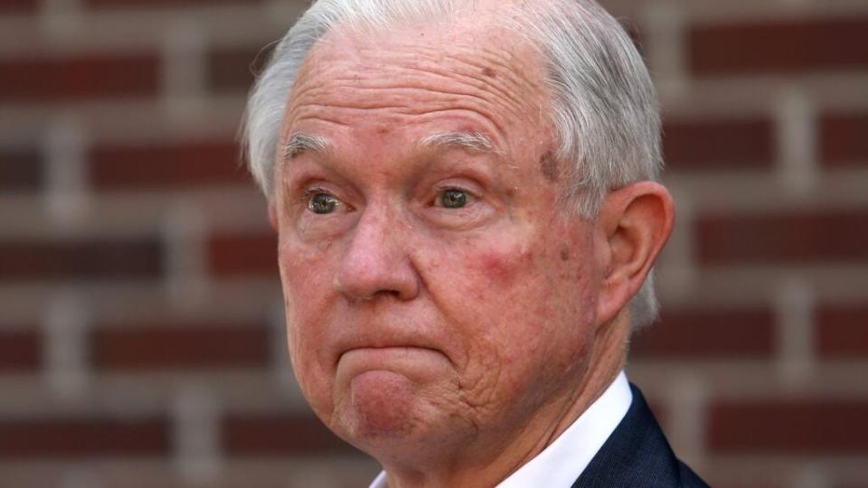 Former Attorney General Jeff Sessions addresses the media after voting in the Alabama Republican primary runoff for the U.S. Senate in July. (Photo by Michael DeMocker/Getty Images)