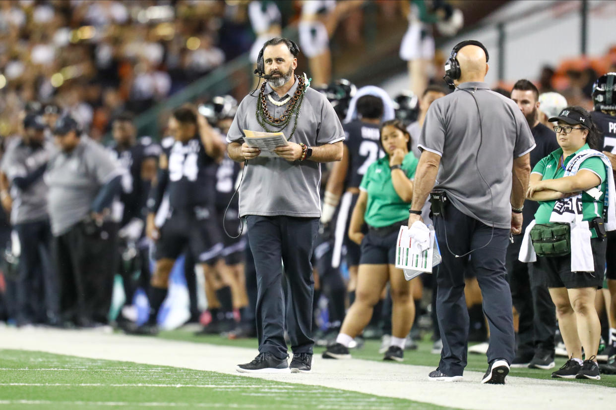 HONOLULU, HI - NOVEMBER 23: Head coach Nick Rolovich of the Hawaii watches the action from the sideline during the first quarter of the game against the San Diego State Aztecs at Aloha Stadium on November 23, 2019 in Honolulu, Hawaii. (Photo by Darryl Oumi/Getty Images)