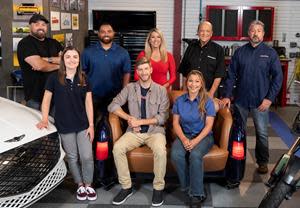 The MotorWeek team for season 42, standing left to right: Daniel Maffett, Jessica Ray, Logan McCombs, Stephanie Hart, John Davis, and Brian Robinson; seated left to right: Greg Carloss and Audra Fordin.