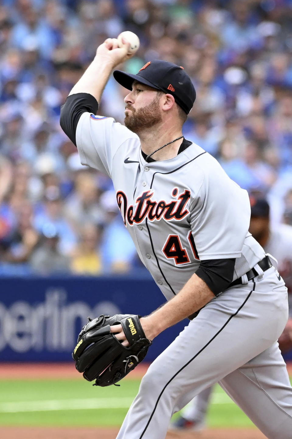 Detroit Tigers starting pitcher Drew Hutchison throws to a Toronto Blue Jays batter in the first inning of a baseball game in Toronto, Saturday, July 30, 2022. (Jon Blacker/The Canadian Press via AP)