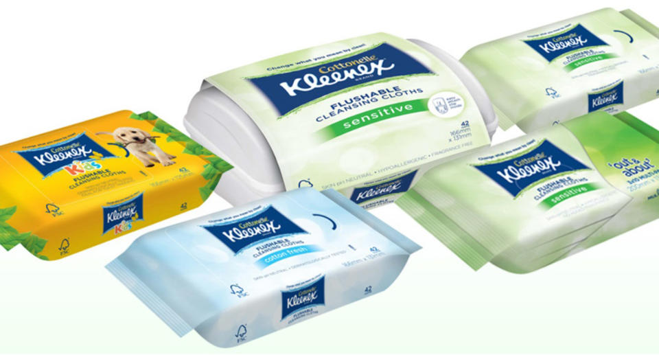 A variety of Kleenex flushable wipes.