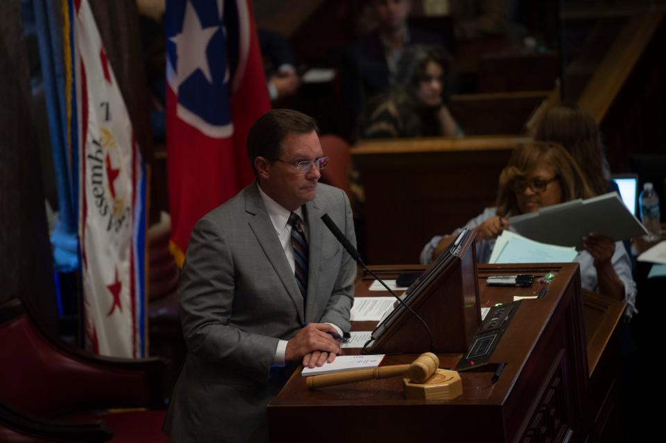 House Speaker Cameron Sexton during a House session at the State Capitol Building on Thursday, Aug. 24, 2023, in Nashville, Tenn. The session originally scheduled for noon was then postponed for over 3 hours.