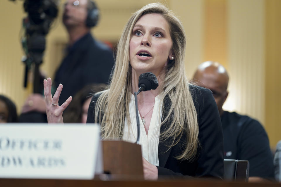 U.S. Capitol Police officer Caroline Edwards testifies as the House select committee investigating the Jan. 6 attack on the U.S. Capitol holds its first public hearing to reveal the findings of a year-long investigation, on Capitol Hill in Washington, Thursday, June 9, 2022. (AP Photo/Andrew Harnik)