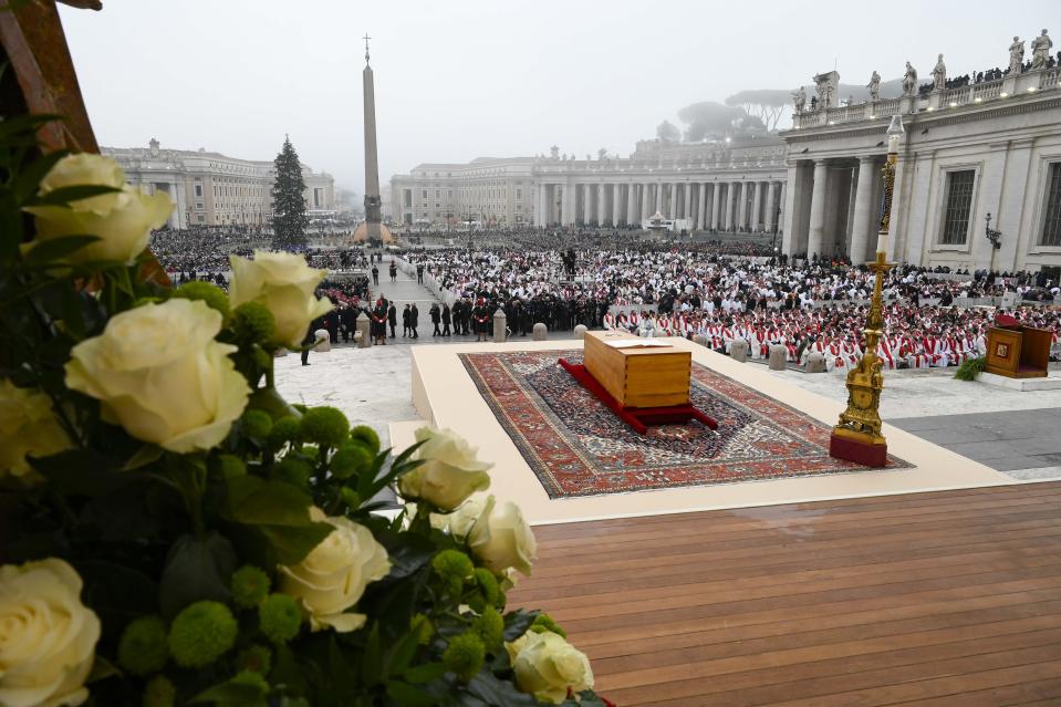 In this image released on Thursday, Jan. 5, 2023, by the Vatican Media news service, the coffin of late Pope Emeritus Benedict XVI is placed at St. Peter's Square for his funeral mass at the Vatican, Thursday, Jan. 5, 2023. Benedict died at 95 on Dec. 31 in the monastery on the Vatican grounds where he had spent nearly all of his decade in retirement. He was 95. (Vatican Media via AP)