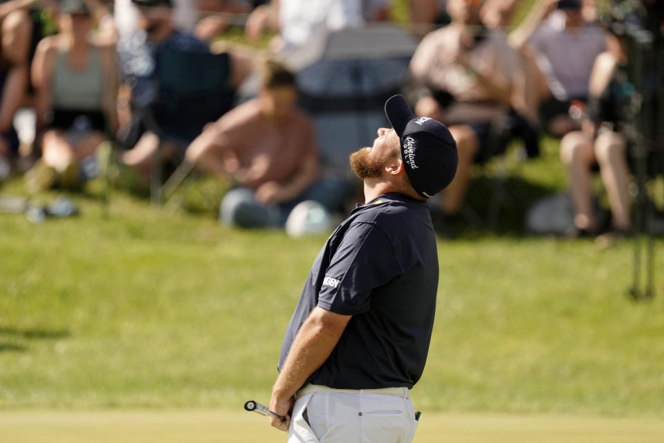 May 18, 2024; Louisville, Kentucky, USA; Shane Lowry reacts after missing a putt on the 18th green during the third round of the PGA Championship golf tournament at Valhalla Golf Club.