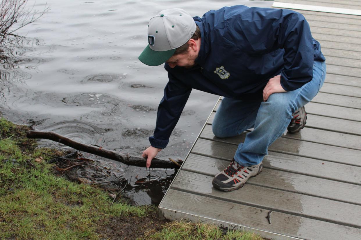 State Rep. Jonathan Zlotnik said the trout release at Kendall Pond is just one detail in the overall effort that the city has made to improve the Gardner outdoor recreational spaces. On April 18, Zlotnik helped a rainbow trout get unstuck during the restock at Kendall Pond.