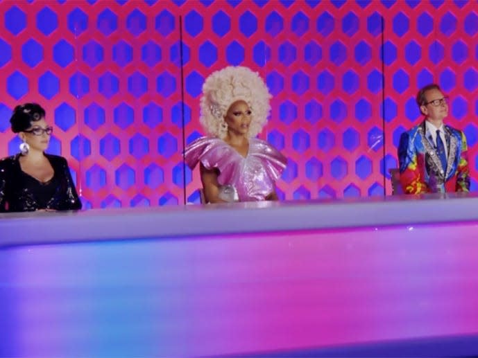 RuPaul, Michelle Visage, Ross Matthews, and Carrson Cressley behind the judges table on "Drag Race"