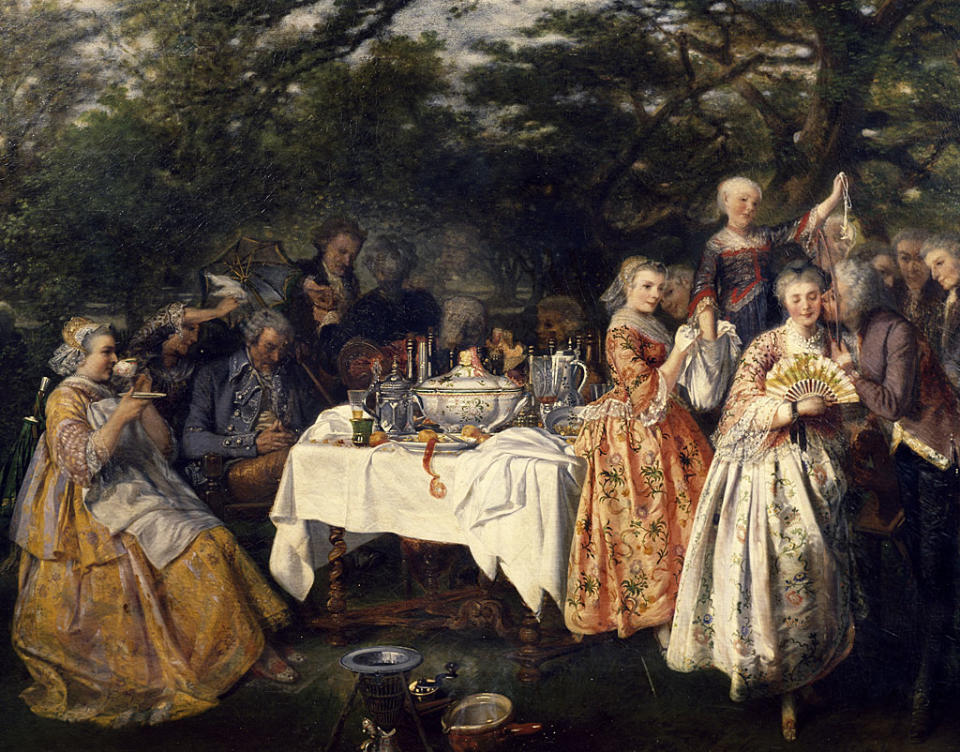 Picnic en el campo, en el jardín de una posada en las afueras de Estrasburgo, ca 1750, por Theophile Schuler (1821-1878).