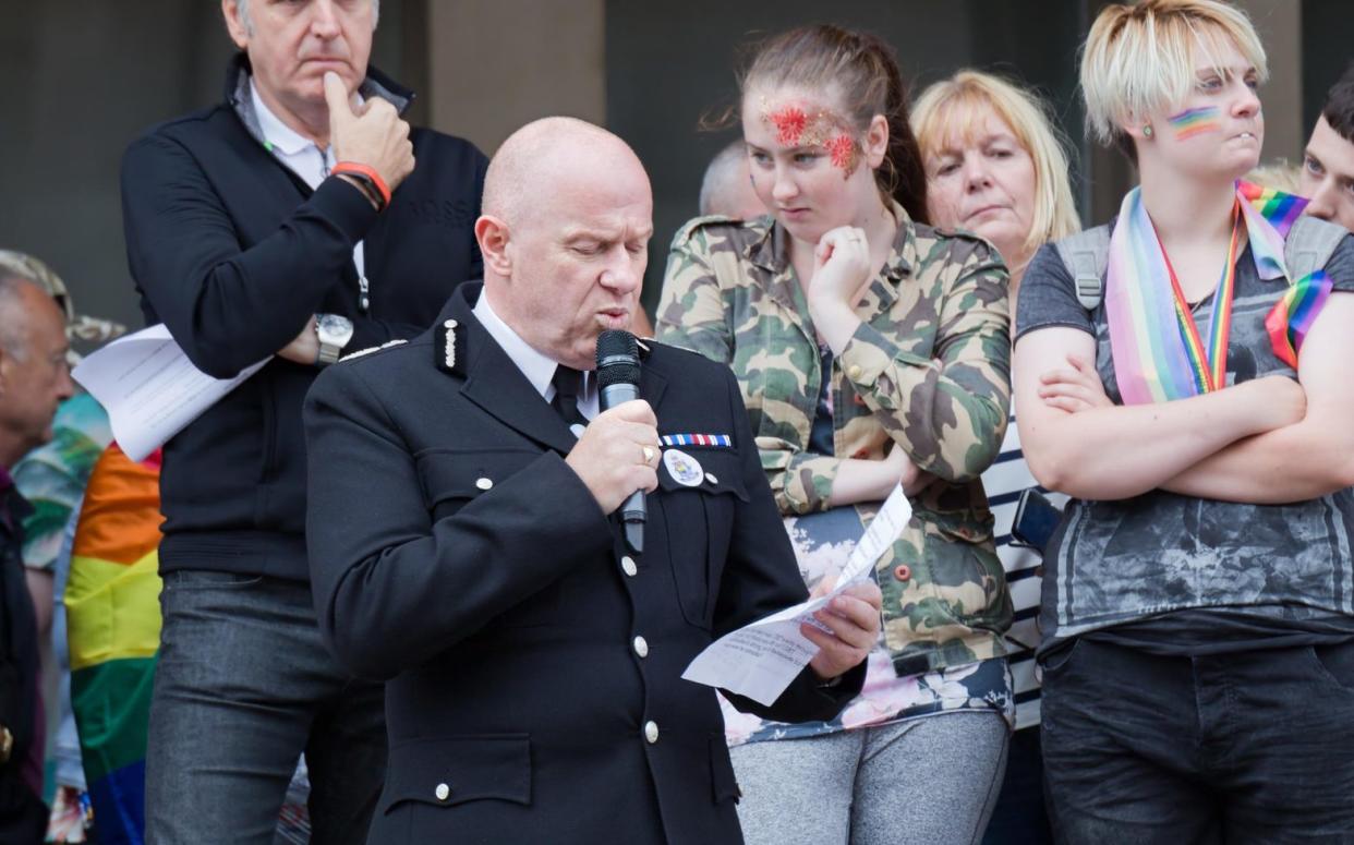 Then-Merseyside police chief constable, Andy Cooke, addressing the crowd prior to the 2018 Liverpool Pride Festival