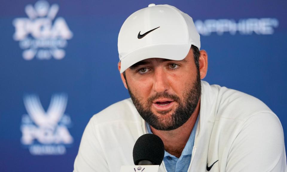 <span>Scottie Scheffler speaks during a news conference after the second round of the PGA Championship at Valhalla Golf Club on Friday.</span><span>Photograph: Matt York/AP</span>