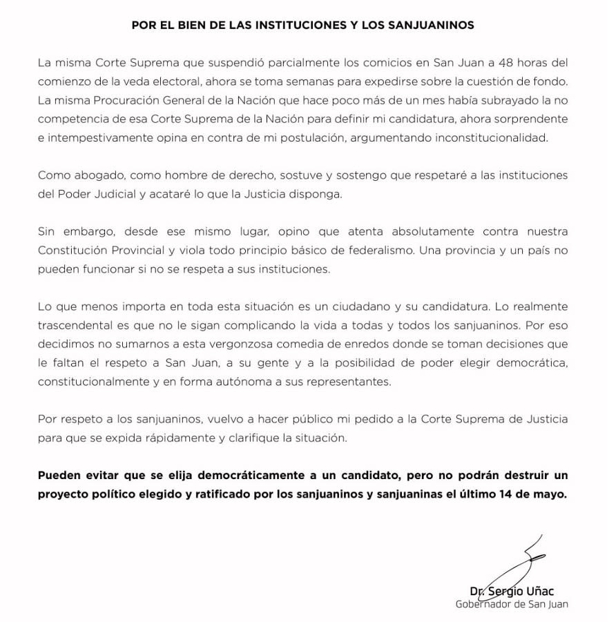 Uñac compartió una carta en su cuenta oficial de Twitter.