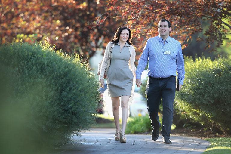 Sheryl Sandberg, chief operating officer of Facebook, and her husband David Goldberg, CEO of SurveyMonkey, in Sun Valley, Idaho on July 9, 2014