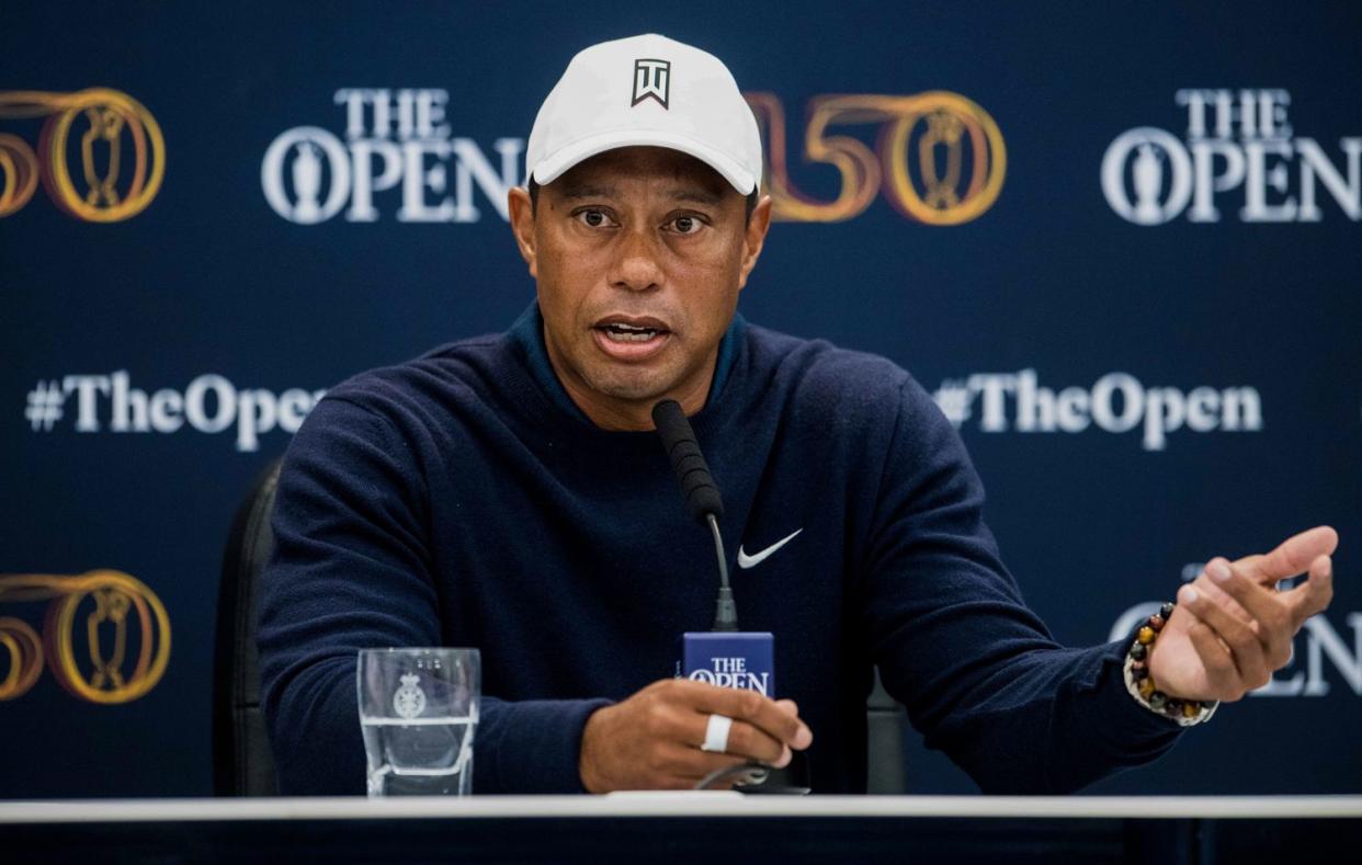 Tiger Woods of The United States speaks to the media in a press conference during a practice round prior to The 150th Open at St Andrews Old Course on July 12, 2022 in St Andrews, Scotland.