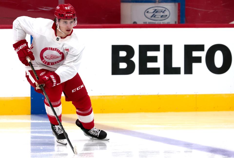 Marco Kasper goes through drills during the Red Wings development camp at the practice rink at the Little Caesars Arena on Tuesday, July 4, 2023.