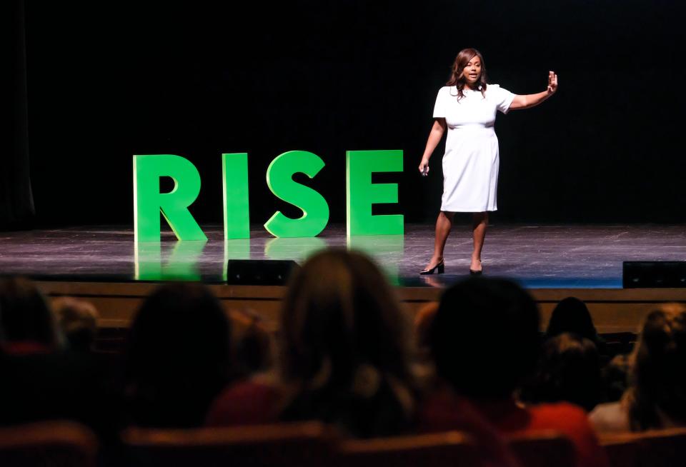 Denise Hamilton, founder and CEO of WatchHerWork, gives the keynote address at the Institute for Women’s Leadership CELEBRATE 2022 Women on the Rise event on April 14 at the Weidner Center for Performing Arts on the UW-Green Bay campus.