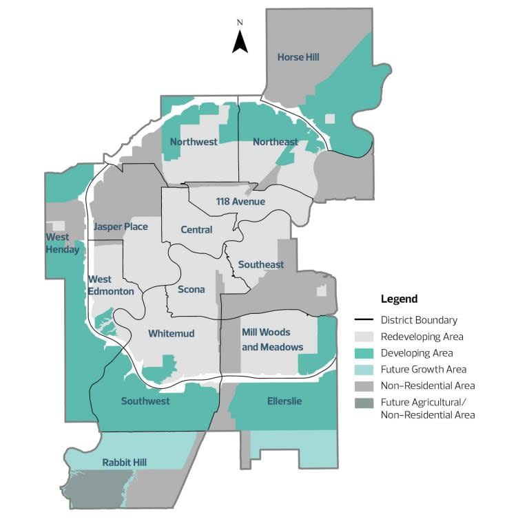 A City of Edmonton map outlines the developing areas to be completed before future growth areas, if council agrees to new substantial completion standard. 