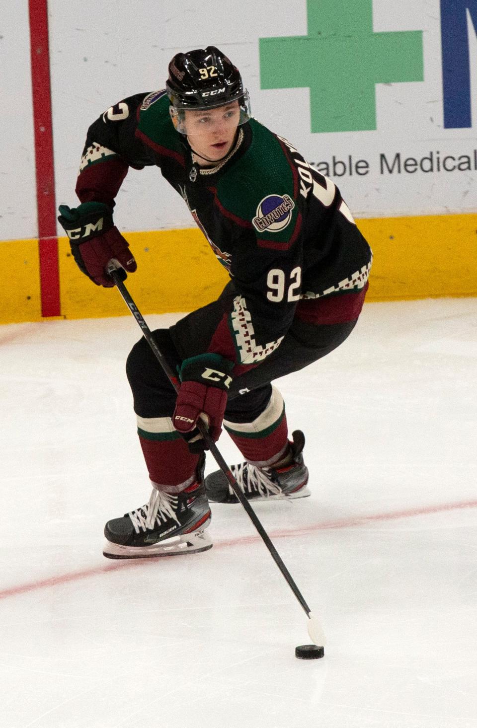 Coyotes rookie prospect Vladislav Kolyachonok controls the puck during the rookie prospects game against the Ducks rookie prospects at the Gila River Arena in Glendale on September 20, 2021.