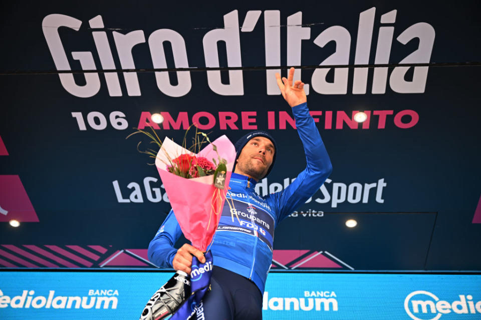 CRANSMONTANA SWITZERLAND  MAY 19 Thibaut Pinot of France and Team Groupama  FDJ celebrates at podium as Blue Mountain Jersey winner during the 106th Giro dItalia 2023 Stage 13 a 75km stage from Le Chable to CransMontana  Valais 1456m  Stage shortened due to the adverse weather conditions  UCIWT  on May 19 2023 in CransMontana Switzerland Photo by Stuart FranklinGetty Images