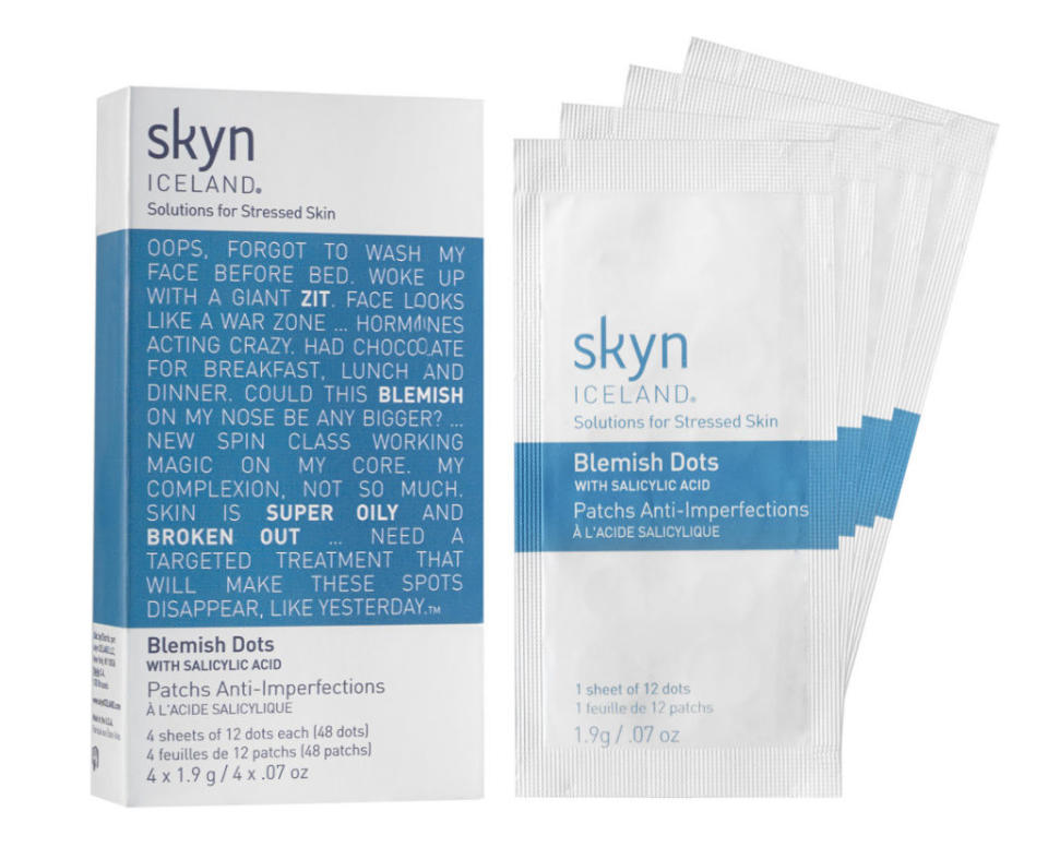 <p>Blemish Dots, $20 for 48 dots, <a rel="nofollow noopener" href="http://www.skyniceland.com/product-104-blemish-dots-" target="_blank" data-ylk="slk:skyniceland.com;elm:context_link;itc:0;sec:content-canvas" class="link "><u>skyniceland.com</u></a>.</p>