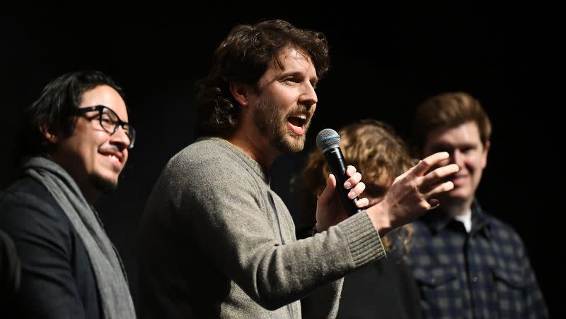 Jon Heder (Napoleon Dynamite) answers a question as he and Efren Ramirez (Pedro) and other cast and crew members take questions after the screening of “Napoleon Dynamite” at Sundance in Park City at The Ray Theatre on Wednesday, Jan. 24, 2024.