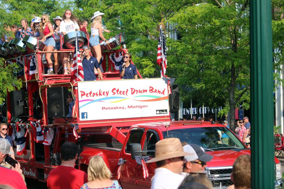 The Petoskey Steel Drum Band makes its way through the Petoskey Fourth of July parade.