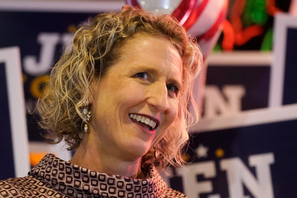 Jen Kiggans, a Republican state senator from Virginia, speaks to supporters during an election party on June 21, 2022, in Virginia Beach, Va.