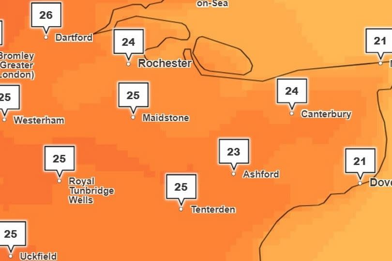 Kent is in for a very warm week, with 26C highs on the way. (Pictured: Met Office temperature map for 4pm on Tuesday, June 25)