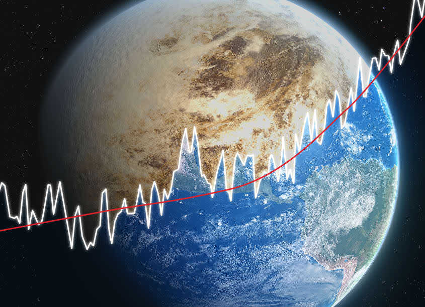 An illustration of a wet and dry Earth with a climbing graph line in the middle