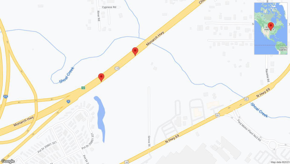 A detailed map that shows the affected road due to 'Broken down vehicle on northbound I-35 in Liberty' on December 31st at 2:02 p.m.