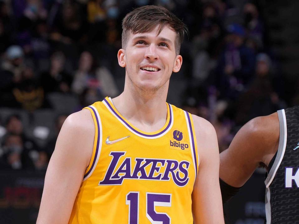 <p>Rocky Widner/NBAE/Getty</p> Austin Reaves during a game against the Sacramento Kings in 2022