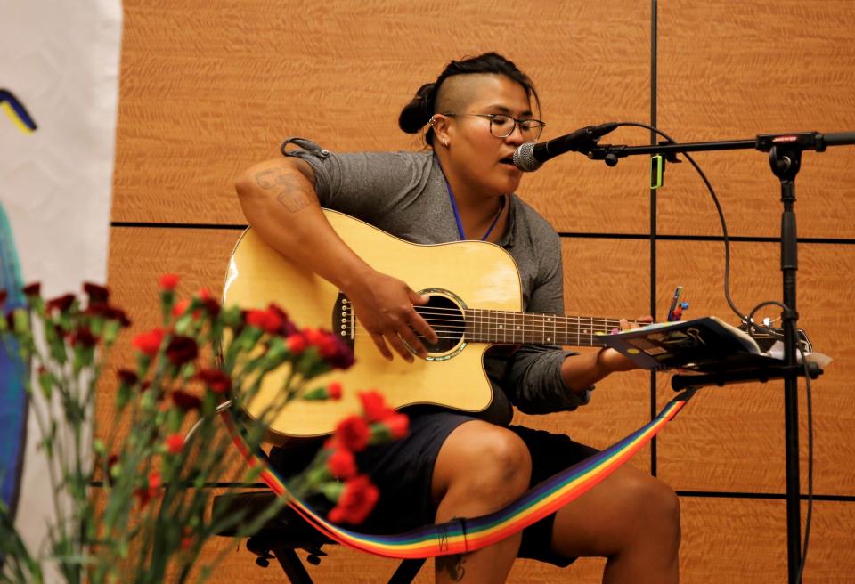 Denae Stocka Benally sings on June 30 during the Celebration of Women Conference hosted by Sisters in Circle at the Farmington Civic Center.