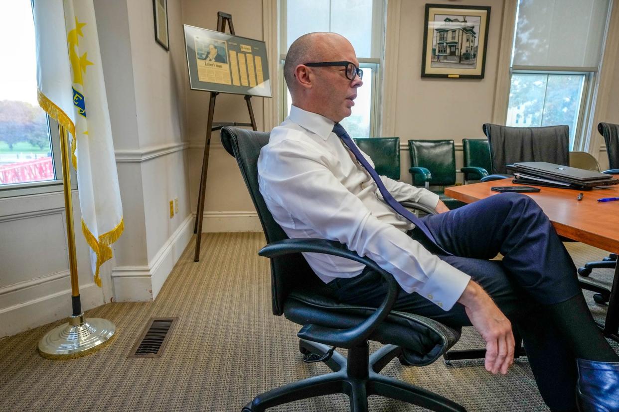 Patrick Crowley at the Providence offices of the Rhode Island AFL-CIO. Now serving as secretary-treasurer, he will take over as president upon the retirement of George Nee.