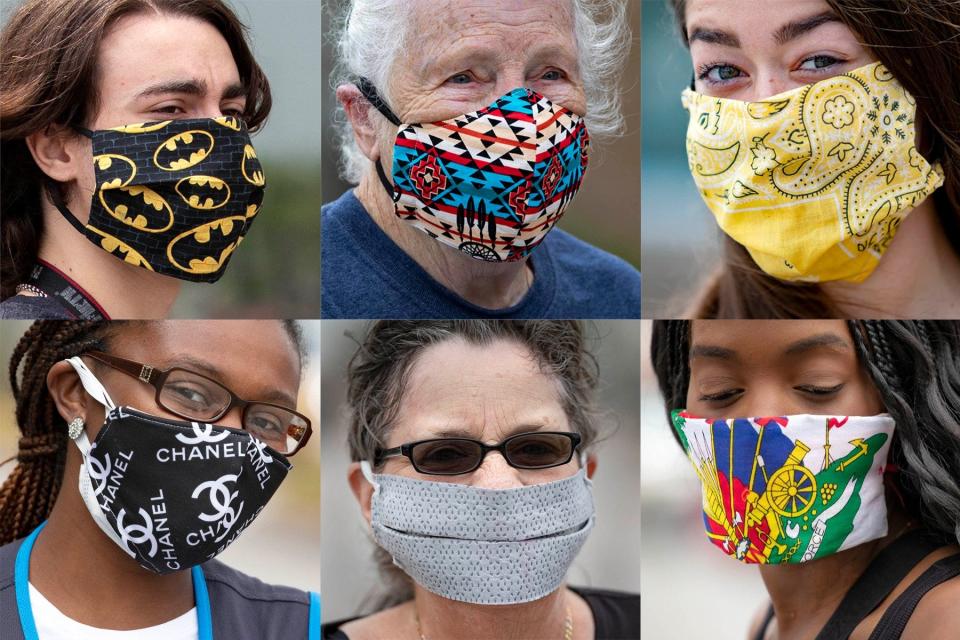 Walmart customers and employees wear masks after the county issued an order strongly urging all persons physically present in any public place to wear facial coverings as defined by the CDC to help slow the spread of COVID-19 in Royal Palm Beach, Monday, April 13, 2020. [ALLEN EYESTONE/palmbeachpost.com]