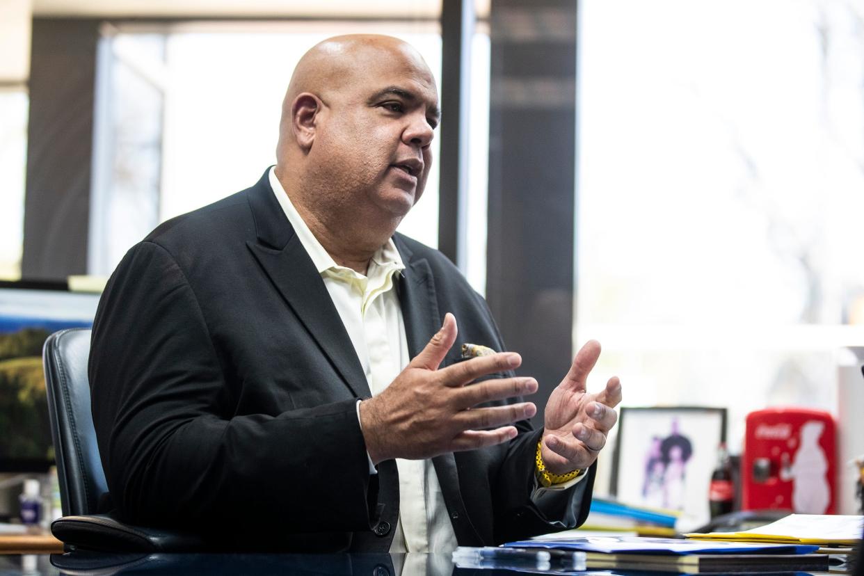 Michigan athletic director Warde Manuel talks during an interview with the Free Press Michigan beat writer Tony Garcia at U-M's Weidenbach Hall in Ann Arbor on Monday, April 22, 2024.