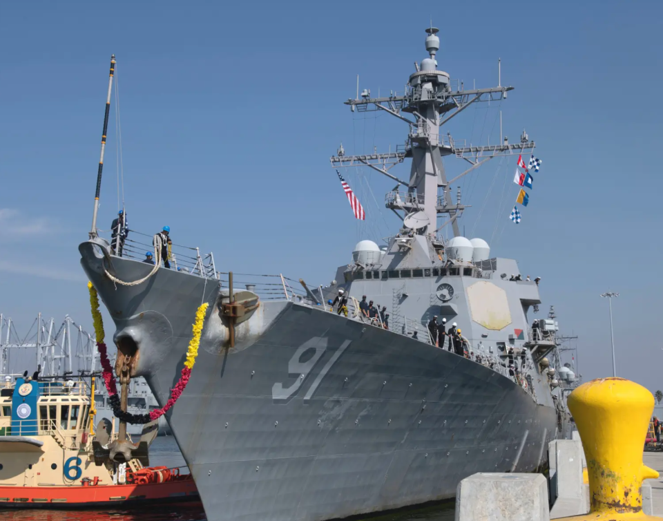 One of the older SEWIP modules that was previously found on the USS <em>Pinckney</em> can be seen here on a platform on the right side of the main superstructure below the bridge wing. <em>U.S. Navy</em>