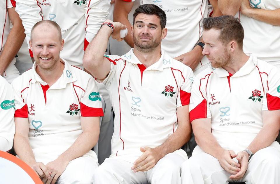 James Anderson, Karl Brown and Steven Croft at Old Trafford Cricket Ground, Manchester