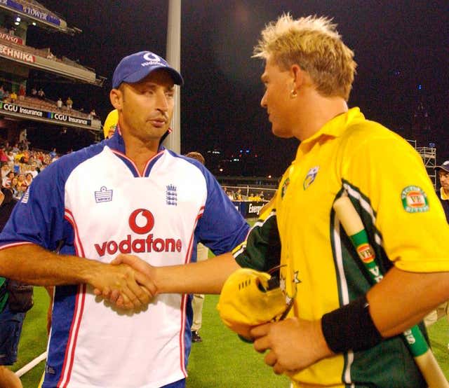 England captain Nasser Hussain shakes hands with Shane Warne after the second VB Series One Day Final at the Melbourne Cricket Ground