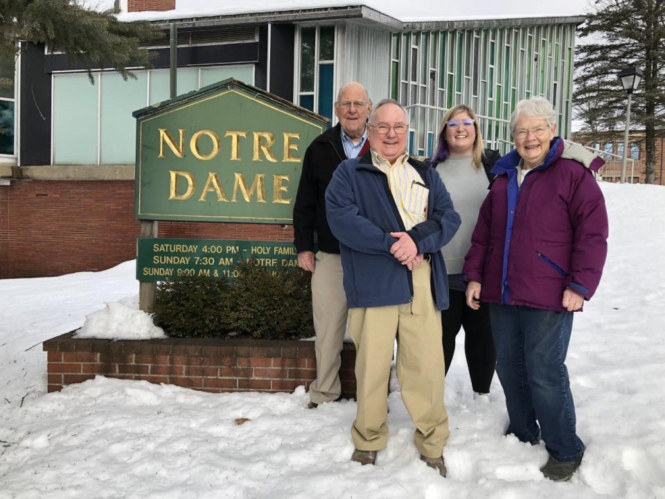 Notre Dame Church, located on Payne Street in Springvale, Maine, will celebrate its final Mass on Feb. 11, 2023. Seen here in front of the 60-year-old church are Patrick Demers, left, Glenn Dowey, Director of Mission Ashley Buxton, and Adele Demers, all members of St. Therese of Lisieux Parish.